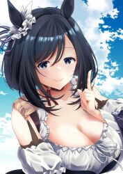 Rule 34 | 1girl, animal ears, bare shoulders, black hair, blue sky, blush, breasts, brown choker, choker, cleavage, closed mouth, cloud, cloudy sky, commentary request, detached sleeves, dirndl, dress, ear ornament, eishin flash (umamusume), frilled dress, frills, german clothes, grey eyes, highres, horse ears, horse girl, large breasts, long sleeves, looking at viewer, outdoors, pointing, pointing up, riku antique, short hair, sky, smile, solo, umamusume