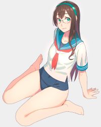 Rule 34 | 1girl, arm support, barefoot, black hair, blue one-piece swimsuit, blue sailor collar, green eyes, green hairband, grey background, hairband, highres, kantai collection, long hair, looking at viewer, neckerchief, no pants, one-piece swimsuit, ooyodo (kancolle), red neckerchief, sailor collar, sailor shirt, school swimsuit, school uniform, semi-rimless eyewear, serafuku, shirt, simple background, sitting, solo, swimsuit, swimsuit under clothes, under-rim eyewear, wariza, yuuji (and)