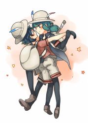 Rule 34 | 2girls, backpack, bag, black gloves, black jacket, black legwear, blouse, blush, commentary, dancing, dual persona, elbow gloves, eye contact, face-to-face, full body, gloves, green hair, hand on another&#039;s waist, hat, hat feather, highres, holding another&#039;s wrist, initsukkii, jacket, kaban (kemono friends), kemono friends, kemono friends 2, pantyhose under shorts, long hair, looking at another, low ponytail, multiple girls, pantyhose, profile, red shirt, selfcest, shirt, short hair, short sleeves, shorts, simple background, time paradox, white background, white shorts, yuri