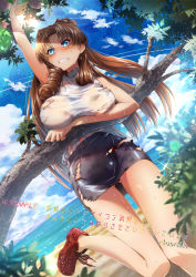 Rule 34 | 1girl, arm up, artist name, asymmetrical hair, beach, black skirt, blue eyes, blue sky, blurry, blurry foreground, blush, breasts, brown hair, brown panties, character request, clenched teeth, climbing tree, cloud, cluseller, contrail, copyright request, day, dirty, dirty clothes, drill hair, dutch angle, female focus, food, fruit, gluteal fold, hair intakes, hand up, highres, horizon, japanese text, large breasts, lens flare, light particles, long hair, looking up, miniskirt, no bra, nose blush, ocean, outdoors, panties, pencil skirt, reaching, red footwear, sample watermark, sand, shiny clothes, shirt, shirt tucked in, shoes, skirt, sky, sleeveless, sleeveless shirt, solo, sparkle, sunlight, sweat, teeth, torn clothes, torn shirt, torn skirt, translation request, tree, underwear, water, watermark, white shirt