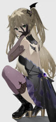 Rule 34 | 1girl, absurdres, back, bare shoulders, black footwear, black gloves, blonde hair, boots, elbow gloves, fischl (genshin impact), genshin impact, gloves, green eyes, hair ornament, highres, long hair, looking at viewer, purple thighhighs, raiya atelier, solo, squatting, strapless, thighhighs, two side up, white background