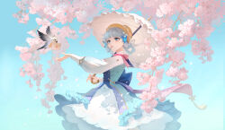 Rule 34 | 1girl, ayaka (genshin impact), back bow, bird, blue bow, blue dress, blue eyes, blue hair, blunt bangs, blunt tresses, bow, braid, butterfly hair ornament, cherry blossoms, chinese commentary, commentary request, dress, flower, genshin impact, hair ornament, hat, hat flower, hat ribbon, highres, holding, holding umbrella, kamisato ayaka, kamisato ayaka (springbloom missive), letter, light blue hair, long sleeves, mole, mole under eye, official alternate costume, official alternate hairstyle, ribbon, shuang wu, solo, umbrella, upper body, white ribbon, white umbrella