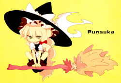 Rule 34 | 1girl, :t, blonde hair, broom, broom riding, chibi, female focus, hat, kirisame marisa, pout, rawan, solo, touhou, witch, witch hat, yellow background