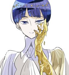 Rule 34 | 1other, androgynous, blue eyes, blue hair, blunt bangs, colored eyelashes, colored skin, crystal hair, golden arms, hand on own face, heterochromia, houseki no kuni, looking at viewer, melting, necktie, phosphophyllite, phosphophyllite (ll), see-through, see-through sleeves, short hair, shumiko (kamenokoueki), smile, solo, spoilers, tears, upper body, white background, white eyes, white skin