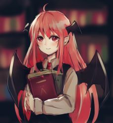 Rule 34 | 1girl, ahoge, bat wings, black vest, blurry, blurry background, book, closed mouth, head wings, holding, holding book, indoors, koakuma, library, light smile, long hair, looking at viewer, necktie, pointy ears, red necktie, sara mi, shirt, solo, touhou, upper body, very long hair, vest, white shirt, wing collar, wings