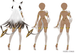 Rule 34 | 1girl, animal ears, anklet, armlet, ass, back, black hair, bracelet, breasts, character sheet, commentary request, dark-skinned female, dark skin, full body, gloves, gradient hair, hair between eyes, half gloves, highres, horns, jewelry, long hair, multicolored hair, multiple views, original, simple background, soles, tail, tail ornament, tail ring, thighhighs, thighlet, tokiti, white background, white hair, white thighhighs, x-ray, yellow eyes