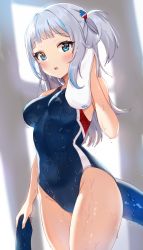 Rule 34 | 1girl, aged up, alternate breast size, blue eyes, blue hair, blue one-piece swimsuit, blurry, blurry background, blush, breasts, commentary request, competition swimsuit, cowboy shot, eyes visible through hair, fins, fish tail, from side, gawr gura, grey hair, hair intakes, hair ornament, highres, holding, holding towel, hololive, hololive english, long hair, looking at viewer, medium breasts, multicolored clothes, multicolored hair, multicolored one-piece swimsuit, multicolored swimsuit, navel, one-piece swimsuit, one side up, open mouth, pn (wnsl216), shark girl, shark hair ornament, shark tail, sharp teeth, skin tight, solo, standing, streaked hair, striped clothes, striped one-piece swimsuit, swimsuit, tail, teeth, thighs, towel, two side up, upper teeth only, vertical-striped clothes, vertical-striped one-piece swimsuit, virtual youtuber, wet, wet clothes, wet swimsuit