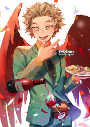 Rule 34 | 1boy, alcohol, backlighting, blonde hair, boku no hero academia, bottle, chromatic aberration, collared shirt, confetti, cowboy shot, cup, drinking glass, ear piercing, earrings, facial hair, facial mark, feathered wings, feathers, flirting, floating, floating object, food, food on face, formal, goatee, hawks (boku no hero academia), holding, holding food, holding plate, jewelry, kadeart, licking, licking finger, light blush, light particles, looking at viewer, male focus, necktie, piercing, plate, pocket square, red feathers, red wings, shirt, short hair, simple background, solo, stubble, stud earrings, suit, tongue, tongue out, twitter username, white background, wine, wine bottle, wine glass, wings, yellow eyes