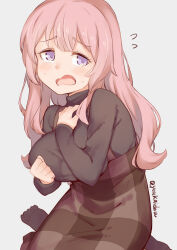 Rule 34 | 1girl, black shirt, breasts, commentary, covering privates, covering breasts, embarrassed, female focus, flying sweatdrops, grey background, highres, inui shinju, jingai modoki, large breasts, light blush, long hair, long sleeves, looking at viewer, no shoes, open mouth, pink hair, purple eyes, shirt, simple background, sitting, solo, sono bisque doll wa koi wo suru, sweat, turtleneck, twitter username, wariza, wavy mouth
