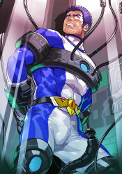 Rule 34 | 1boy, bara, bdsm, blue eyes, blue hair, bondage, bound, clenched teeth, covered abs, highres, looking up, male focus, muscular, muscular male, original, scared, science fiction, sentai, short hair, skin tight, solo, stasis tank, teeth, thick eyebrows, uruonurun
