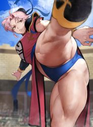 Rule 34 | 1girl, absurdres, armor, black thighhighs, blue panties, blue sky, blurry, blurry background, breasts, bun cover, china dress, chinese clothes, closed mouth, cloud, cloudy sky, colosseum, cowboy shot, day, dragon quest, dragon quest dai no daibouken, dress, dust, hair bun, highres, kicking, large breasts, lips, looking at viewer, maam, motion blur, muscular, muscular female, outdoors, panties, parted bangs, pelvic curtain, pink hair, red dress, red eyes, short hair, short sleeves, shoulder armor, single hair bun, sky, solo, square enix, standing, standing on one leg, thick thighs, thighhighs, thighs, underwear, v-shaped eyebrows, yoshio (55level)