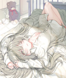 Rule 34 | 1girl, arms up, barefoot, blush, breasts, cecilia (shiro seijo to kuro bokushi), chest of drawers, collared shirt, commentary request, dress shirt, full body, grey eyes, grey hair, indoors, kazutake hazano, knee up, long hair, long sleeves, lying, medium breasts, naked shirt, on back, on bed, one eye closed, parted lips, shiro seijo to kuro bokushi, shirt, sleeves past wrists, solo, stuffed animal, stuffed rabbit, stuffed toy, teddy bear, very long hair, white shirt