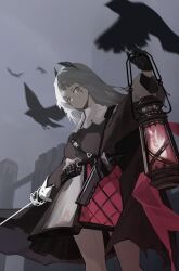 Rule 34 | 1girl, absurdres, animal, arisiar, arknights, bird, black gloves, black jacket, capelet, closed mouth, commentary request, feet out of frame, gloves, grey eyes, grey hair, highres, holding, holding lantern, holding sword, holding weapon, irene (arknights), jacket, lantern, long hair, long sleeves, looking at viewer, outdoors, overcast, pantyhose, pleated skirt, puffy long sleeves, puffy sleeves, skirt, sky, solo, standing, sword, weapon, white capelet, white pantyhose, white skirt