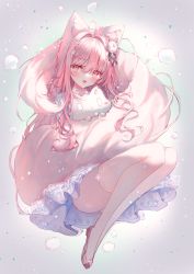Rule 34 | 1girl, :d, absurdres, ahoge, animal, animal ear fluff, animal ears, blush, cat, commentary request, dress, full body, grey eyes, hair between eyes, hair intakes, highres, long hair, long legs, looking at viewer, open mouth, original, pink footwear, pink hair, shoes, smile, solo, tail, tandohark, thighhighs, white dress, white thighhighs