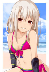 Rule 34 | 1girl, asymmetrical gloves, bare shoulders, beach, bikini, black gloves, blue sky, blush, breasts, cleavage, collarbone, commentary request, day, fate/grand order, fate/kaleid liner prisma illya, fate (series), fingerless gloves, front-tie top, gloves, grin, illyasviel von einzbern, illyasviel von einzbern (swimsuit archer), illyasviel von einzbern (swimsuit archer) (third ascension), long hair, looking at viewer, md5 mismatch, mochi (k620803n), navel, ocean, outdoors, pink bikini, red eyes, resolution mismatch, shore, side-tie bikini bottom, sky, small breasts, smile, source larger, swimsuit, teeth, uneven gloves, white hair