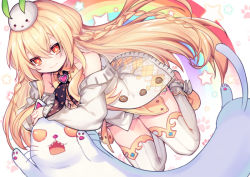 Rule 34 | + +, 1girl, animal, ao jun, bare shoulders, black neckerchief, blonde hair, braid, cat, character request, closed mouth, closers, fingernails, hair between eyes, heart, jacket, long hair, long sleeves, looking at viewer, neckerchief, off shoulder, on head, orange eyes, print neckerchief, print neckwear, rainbow, shirt, shoes, sleeveless, sleeveless shirt, sleeves past wrists, smile, snow rabbit, solo, star (symbol), thighhighs, twin braids, very long hair, white cat, white jacket, white thighhighs, yellow footwear, yellow shirt