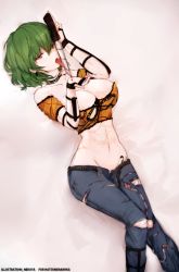 Rule 34 | 10s, 1girl, abs, artist name, bad id, bad pixiv id, belt, blood, blood drip, bloody knife, breasts, cuts, denim, earrings, green hair, hair between eyes, hikage (senran kagura), hip focus, holding, holding knife, impossible clothes, impossible shirt, injury, jewelry, knees together feet apart, knife, large breasts, licking, licking weapon, looking at viewer, nekoya (liu), off-shoulder shirt, off shoulder, open belt, pink background, ripped jeans, senran kagura, shiny skin, shirt, short hair, short sleeves, simple background, slit pupils, solo, tattoo, torn clothes, weapon, yellow eyes, yellow shirt