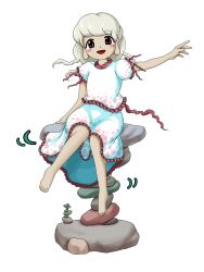 Rule 34 | 1girl, balancing, barefoot, blonde hair, blush stickers, commentary request, ebisu eika, frilled shirt, frilled skirt, frills, hand up, highres, long hair, looking at viewer, open mouth, outstretched arm, parasite oyatsu, puffy short sleeves, puffy sleeves, red eyes, rock, rock balancing, shirt, short sleeves, sitting, sitting on rock, skirt, smile, solo, tachi-e, touhou, transparent background, white shirt, white skirt, zun (style)