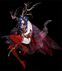 Rule 34 | 1girl, antlers, bare shoulders, black background, blue hair, blue lips, bracelet, collar, detached collar, dragonfly wings, earrings, finger to mouth, full body, high heels, highres, horns, insect wings, jewelry, leotard, lipstick, long hair, looking to the side, makeup, micho, nail polish, navel, original, parted lips, pointy ears, red legwear, red leotard, red nails, ring, shoes, simple background, solo, wings, wristband