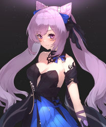 Rule 34 | 1girl, absurdres, bare shoulders, black background, black dress, blue bow, blush, bow, breasts, c:, closed mouth, collarbone, commentary request, cone hair bun, dress, genshin impact, hair bow, hair bun, highres, jewelry, keqing (genshin impact), keqing (opulent splendor) (genshin impact), light particles, long hair, looking at viewer, medium breasts, purple eyes, purple hair, smile, solo, spotlight, strapless, strapless dress, twintails, upper body, yu mochi (kamiinu)