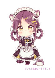 Rule 34 | 1girl, :o, absurdres, animal, animal ear fluff, animal ears, apron, black dress, black pantyhose, blush, bow, braid, braided hair rings, brown eyes, chibi, dress, flower, frilled apron, frilled dress, frills, full body, gloves, hair flower, hair ornament, hair rings, hairclip, highres, looking at viewer, maid headdress, original, pantyhose, parted bangs, parted lips, puffy short sleeves, puffy sleeves, purple footwear, purple hair, raccoon, raccoon ears, raccoon girl, raccoon tail, sakura oriko, shoes, short sleeves, simple background, solo, standing, striped tail, tail, translated, twin braids, waist apron, white apron, white background, white bow, white flower, white gloves, x hair ornament