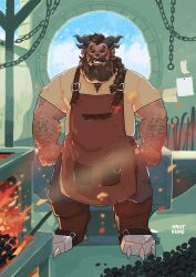 Rule 34 | 1boy, absurdres, apron, bara, beard, belly, black sclera, blacksmith, brown apron, chain, chest hair peek, colored sclera, dark-skinned male, dark skin, demon horns, embers, facial hair, facial mark, fat, fat man, full beard, full body, furance, glowing hot, grin, hahasthund, highres, horns, long beard, looking at viewer, male focus, mature male, multiple horns, muscular, muscular male, mustache, original, short hair, smile, solo, standing, straight-on, thick arm hair, thick beard, thick chest hair, thick eyebrows, thick mustache, tongs