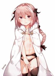 Rule 34 | 1boy, ahoge, androgynous, astolfo (fate), black bow, black garter belt, black panties, black thighhighs, blush, bow, braid, cape, covering privates, covering crotch, cowboy shot, eyes visible through hair, fate/apocrypha, fate (series), garter belt, garter straps, hair between eyes, hair intakes, hair ribbon, kimoshi, male focus, multicolored hair, panties, pink eyes, pink hair, pout, ribbon, simple background, single braid, skindentation, streaked hair, thighhighs, trap, underwear, white background