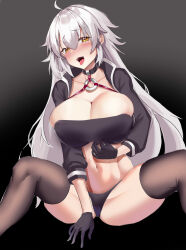 Rule 34 | 1girl, absurdres, ahoge, black background, black choker, black gloves, black panties, black thighhighs, blush, breasts, choker, cleavage, commentary, fate/grand order, fate (series), gloves, gradient background, groin, highres, jeanne d&#039;arc alter (fate), large breasts, long hair, looking at viewer, mimiim, navel, open mouth, panties, solo, thighhighs, tongue, tongue out, underwear, white hair, yellow eyes