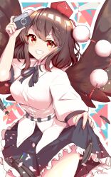Rule 34 | bird wings, black hair, black skirt, black wings, camera, chilwell seele, feathers, frilled skirt, frills, hat, highres, lifting own clothes, pom pom (clothes), red eyes, red hat, shameimaru aya, shirt, short hair, skirt, tokin hat, touhou, white shirt, wings