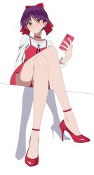 Rule 34 | 1girl, bare legs, blunt bangs, blush, cellphone, choker, closed mouth, collarbone, commentary request, crossed legs, dress, full body, gegege no kitarou, hair ribbon, hand up, high heels, highres, holding, kere domo, legs, long sleeves, looking at viewer, nekomusume, nekomusume (gegege no kitarou 6), parted bangs, phone, pointy ears, purple hair, red choker, red dress, red footwear, red ribbon, ribbon, shadow, short dress, short hair, simple background, sitting, smartphone, solo, stiletto heels, strappy heels, thighs, v-shaped eyebrows, white background, yellow eyes