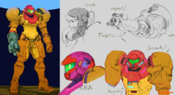 Rule 34 | 1girl, arm cannon, armor, artist name, blueprint (medium), clenched hand, commentary, concept art, english commentary, helmet, looking ahead, metroid, multiple views, nintendo, power armor, redesign, robogabo, samus aran, science fiction, sketch, varia suit, weapon