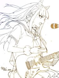 Rule 34 | 1girl, artist name, blunt bangs, commentary request, cowboy shot, danganronpa (series), danganronpa 2: goodbye despair, ear piercing, earrings, electric guitar, from side, gloves, guitar, holding, holding instrument, instrument, jewelry, limited palette, lineart, long hair, microphone, mioda 69ch, mioda ibuki, monochrome, music, neckerchief, open mouth, piercing, playing instrument, ribbon, sailor collar, school uniform, serafuku, shirt, short sleeves, sidelocks, signature, simple background, singing, skirt, solo, sweat, teeth, upper teeth only