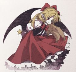 Rule 34 | 1girl, bat wings, black vest, blonde hair, bow, closed mouth, dot nose, elis (touhou), hair bow, holding, ka (marukogedago), leaning forward, long hair, long skirt, looking at viewer, pointy ears, red bow, red eyes, red skirt, shirt, skirt, smile, solo, touhou, touhou (pc-98), vest, white shirt, wings