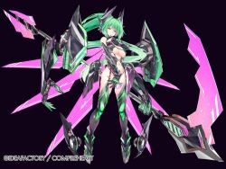 Rule 34 | 1girl, bare shoulders, black background, black footwear, black gloves, black thighhighs, boots, breasts, cleavage, company name, dark persona, elbow gloves, floating, full body, gloves, green hair, green heart (chaos form), green heart (neptunia), groin, hair between eyes, hair intakes, half-closed eyes, hand up, headgear, holding, holding weapon, large breasts, legs apart, long hair, looking at viewer, machinery, navel, nepnep connect: chaos chanpuru, neptune (series), official art, parted lips, ponytail, power symbol, power symbol-shaped pupils, purple eyes, revealing clothes, sabaku no tanuki, scythe, shiny skin, simple background, solo, standing, stomach, symbol-shaped pupils, tattoo, thighhighs, underboob, vert (neptunia), very long hair, weapon