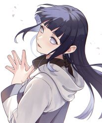 Rule 34 | 1girl, black hair, blunt bangs, grey eyes, grey sleeves, headband around neck, highres, hime cut, hooded cardigan, hyuuga hinata, long hair, long sleeves, looking at viewer, naruto (series), naruto shippuuden, open mouth, own hands together, petals, simple background, smile, solo, straight hair, upper body, usao (313131), very long hair, white background