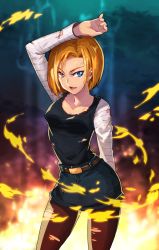Rule 34 | 1girl, android 18, belt, black pantyhose, blonde hair, blue eyes, breasts, denim, denim skirt, dragon ball, dragonball z, fire, highres, medium breasts, open mouth, pantyhose, pencil skirt, puyon (pixiv), puyon (puyon), simple background, skirt, solo, torn clothes, torn pantyhose