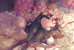 Rule 34 | 1girl, animal ears, bell, black dress, black pantyhose, blonde hair, blue eyes, cat ears, chinese commentary, commentary request, derivative work, dress, feet out of frame, flower, gift, heart, heart-shaped pillow, long hair, long sleeves, looking at viewer, mmmilk, neck bell, original, painttool sai (medium), pantyhose, pillow, red ribbon, ribbon, rose, slit pupils, solo, star (symbol), white flower, white rose