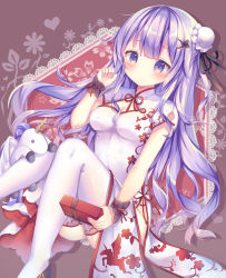 Rule 34 | 1girl, azur lane, bad id, bad pixiv id, box, china dress, chinese clothes, commentary request, dress, gift, gift box, highres, holding, long hair, looking at viewer, purple eyes, purple hair, smile, solo, stuffed animal, stuffed pegasus, stuffed toy, stuffed unicorn, stuffed winged unicorn, thighhighs, tsuruse, unicorn (azur lane), unicorn (the gift of spring) (azur lane), valentine, white thighhighs