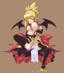 Rule 34 | 1girl, artist request, blonde hair, bow, breast sucking, breasts, breasts out, detached sleeves, disgaea, female masturbation, large breasts, makai senki disgaea 2, masturbation, nippon ichi, no bra, no panties, one eye closed, red eyes, rozalin, self breast sucking, sex toy, shoe dangle, shoes, single shoe, solo, thighhighs, vibrator, wings, yellow bow