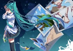 Rule 34 | 1girl, ahoge, aosaki yato, aqua hair, aqua necktie, black skirt, black thighhighs, blush, bracelet, brown hair, calc. (vocaloid), clam shell, commentary, covering face, faceless, faceless male, from side, hand on own face, hand up, hatsune miku, highres, holding, holding hands, holding photo, jewelry, long hair, long sleeves, miniskirt, necklace, necktie, night, night sky, ocean, photo (object), pleated skirt, shell, shirt, skirt, sky, standing, star (sky), starry sky, tears, thighhighs, tree, twintails, very long hair, vocaloid, wavy mouth, white shirt, zettai ryouiki, zoom layer