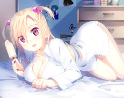 Rule 34 | 1girl, bare legs, blonde hair, breasts, cirno, cleavage, covered erect nipples, figure, food, ice cream, k-on!, konpaku youmu, large breasts, long hair, looking at viewer, nakano azusa, naked shirt, niwashi (yuyu), on bed, open mouth, original, red eyes, shirt, short hair, short twintails, smile, solo, touhou, twintails, two side up