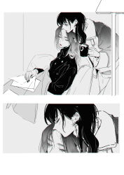 Rule 34 | 2girls, absurdres, blush, chaser game w, chinese commentary, closed mouth, commentary request, cup, earrings, floor lamp, greyscale, harumoto itsuki, hayashi fuyu, highres, holding, holding cup, indoors, jacket, jewelry, kiss, kissing forehead, long hair, long sleeves, monochrome, multiple girls, paper, red lips, sitting, yoohu6, yuri