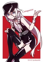 Rule 34 | 1girl, ai kusunoki, black dress, black headwear, black thighhighs, blue eyes, braid, cevio, commentary, conqueror (cevio), dated, dress, garter straps, hair flaps, hand on own knee, hand up, ia (vocaloid), knee up, latex, latex legwear, latex top, long hair, pink hair, red background, shiny clothes, side braids, sideways glance, sitting, smile, solo, song name, thighhighs, twitter username, very long hair, vocaloid, wrist cuffs