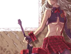 Rule 34 | 10s, 1girl, alisa ilinichina amiella, boots, breasts, elbow gloves, fingerless gloves, gloves, god eater, god eater burst, holding, holding weapon, long hair, md5 mismatch, mecha, medium breasts, midriff, navel, pantyhose, plaid, robot, silver hair, skirt, solo, suspender skirt, suspenders, sword, thigh boots, thighhighs, underboob, weapon