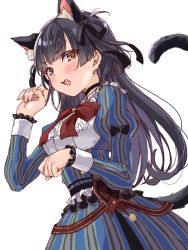 Rule 34 | 1girl, animal ears, black hair, blush, breasts, brown eyes, cat ears, cat tail, choker, dress, fang, grey dress, hair ornament, hair ribbon, hairclip, highres, idolmaster, idolmaster shiny colors, long hair, long sleeves, looking at viewer, mayuzumi fuyuko, medium breasts, misekiss, open mouth, ribbon, simple background, striped clothes, striped dress, tail, two side up, white background