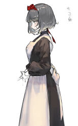 Rule 34 | 1girl, absurdres, apron, back bow, black dress, bow, closed mouth, dress, expressionless, freckles, from side, grey hair, headband, highres, light blush, limited palette, long dress, long sleeves, looking away, looking down, maid, maid apron, maid headdress, mallllma, original, profile, puffy long sleeves, puffy sleeves, red headband, red ribbon, ribbon, short hair, simple background, solo, steepled fingers, victorian maid, white apron, white background, yellow eyes