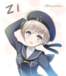 Rule 34 | 10s, 1girl, :d, blue eyes, brown hair, clothes writing, hat, huyukaaki, kantai collection, looking at viewer, open mouth, sailor collar, short hair, smile, solo, twitter username, z1 leberecht maass (kancolle)