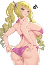 Rule 34 | 1girl, adjusting clothes, adjusting swimsuit, alexmaster, ass, bare arms, bare shoulders, bikini, blonde hair, blunt bangs, blush, breasts, butt crack, cowboy shot, from behind, green eyes, large breasts, looking at viewer, looking back, micro bikini, original, pink ribbon, ribbon, side-tie bikini bottom, sideboob, simple background, solo, squiggle, swimsuit, v-shaped eyebrows, white background