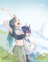 Rule 34 | 2girls, ^ ^, aircraft, airplane, arknights, armpits, arms up, black choker, blue sky, breasts, ch&#039;en (arknights), choker, closed eyes, clothes writing, cloud, commentary request, crop top, dragon horns, green hair, green pants, highres, horns, hoshiguma (arknights), large breasts, midriff, multiple girls, navel, open mouth, outdoors, pants, scoop404, shirt, short sleeves, single horn, sky, stomach, sweater, t-shirt, tears, white sweater
