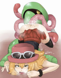 Rule 34 | 10s, 1girl, ahegao, ass, bent over, black shirt, black thighhighs, blonde hair, blush, boy (badboy3316), clothed sex, clothes lift, cradily, creatures (company), cum, eyewear on headwear, flower, game freak, gen 3 pokemon, glasses, green eyes, hat, highres, mega ring, nintendo, no panties, pink hat, plant, pleated skirt, pokemon, pokemon (creature), pokemon xy, porkpie hat, red skirt, saliva, serena (pokemon), shirt, skirt, skirt lift, sleeveless, sleeveless shirt, sunglasses, tentacle sex, tentacles, thighhighs, white-framed eyewear